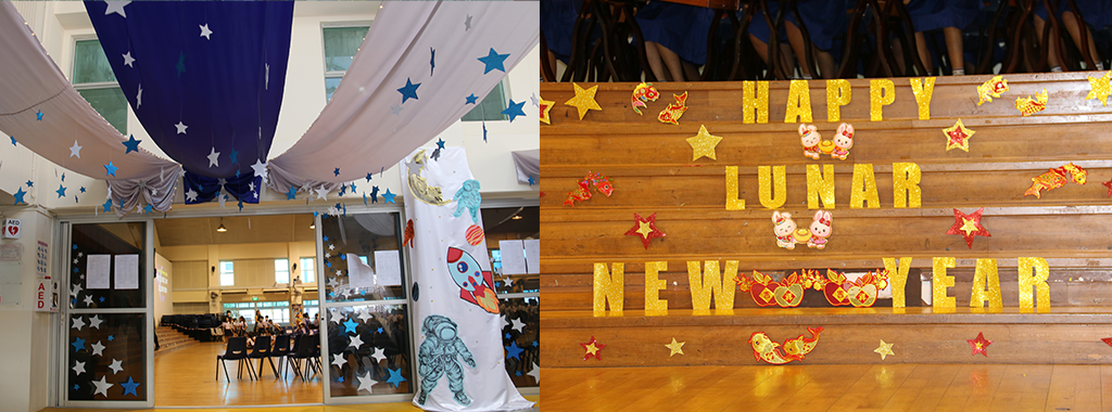 Parent Volunteers decorating the Pasir Ris Primary School hall and stage for National Day, Chinese New Year, Teachers' Day, Children's Day and other school celebrations.
